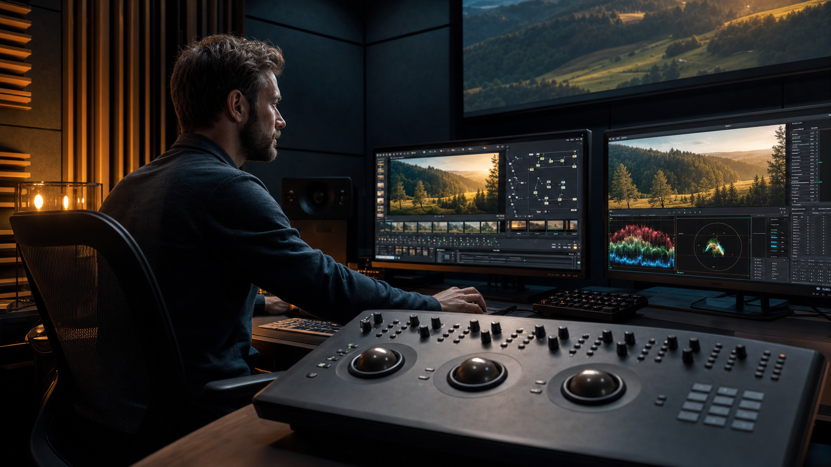 Monteuse en train d'étalonner une séquence vidéo sur une suite de post-production avec plusieurs écrans et une surface de contrôle colorimétrique