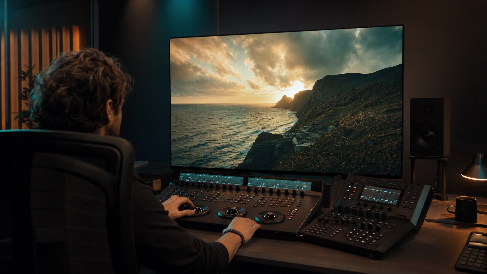 Étalonneuse à la surface de contrôle colorimétrique face à un moniteur de référence affichant un plan cinématographique étalonné