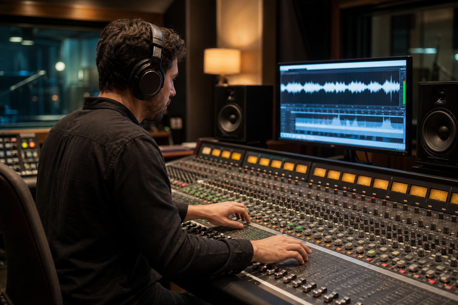 Ingénieur du son au mixage d'une bande sonore vidéo sur une console avec casque et vumètres
