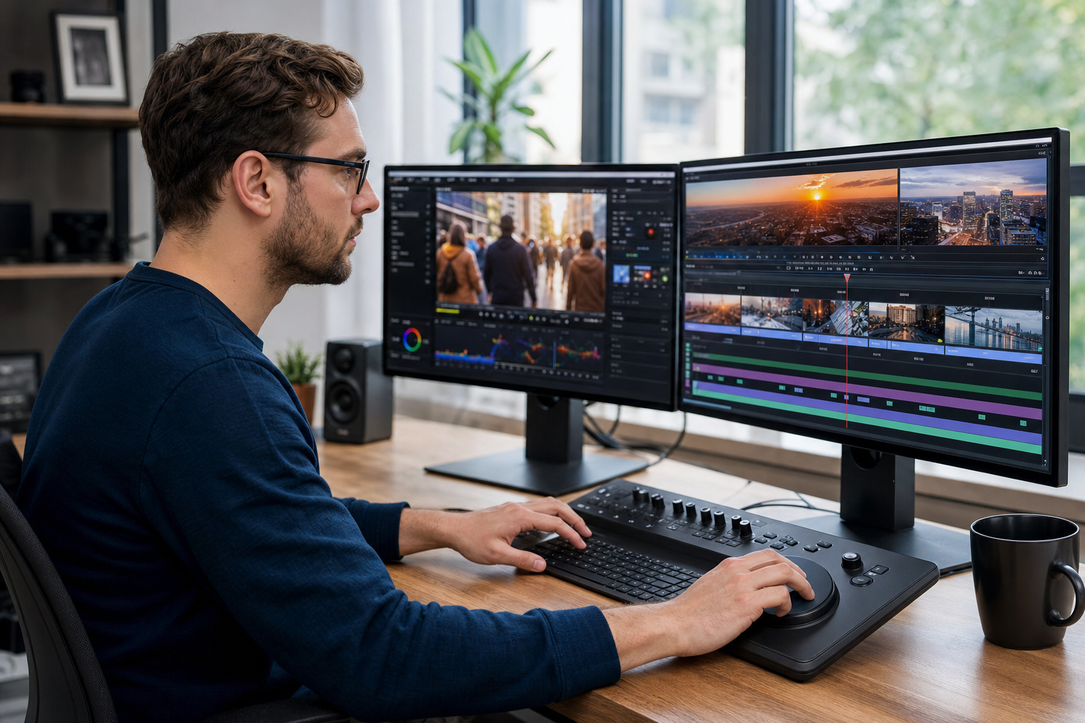 Monteur vidéo au travail sur une timeline de montage professionnelle avec molette jog-shuttle