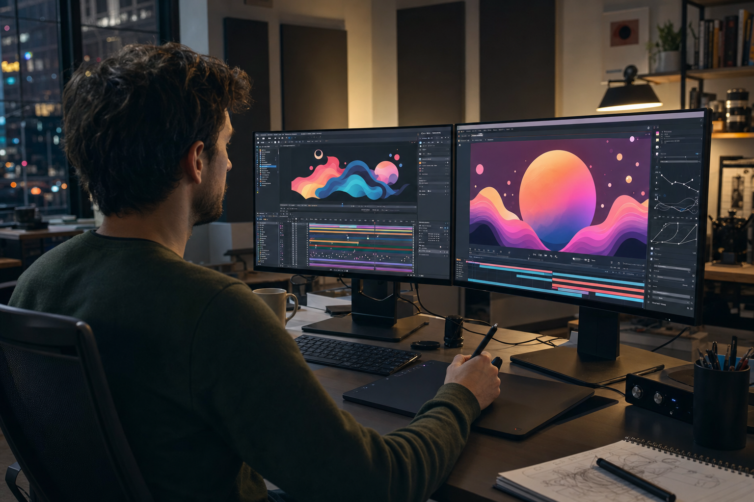 Motion designer animant un habillage graphique et des effets visuels sur double écran